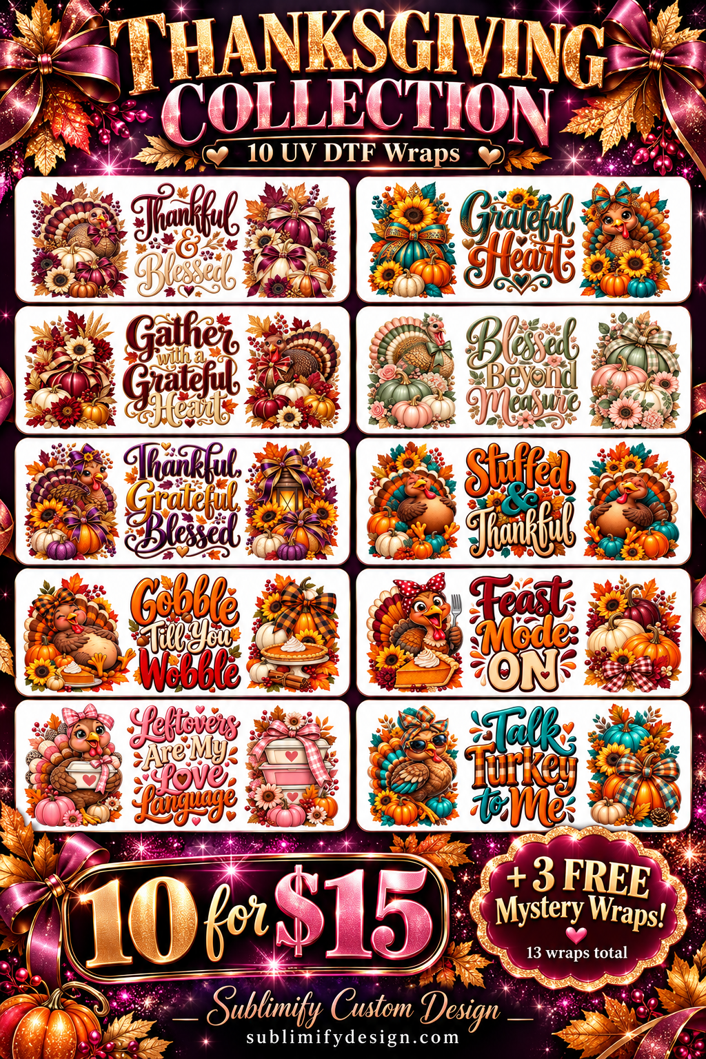 Thanksgiving UV DTF Wrap Bundle – 10 Wraps + 3 FREE Mystery Wraps 🦃🍂
