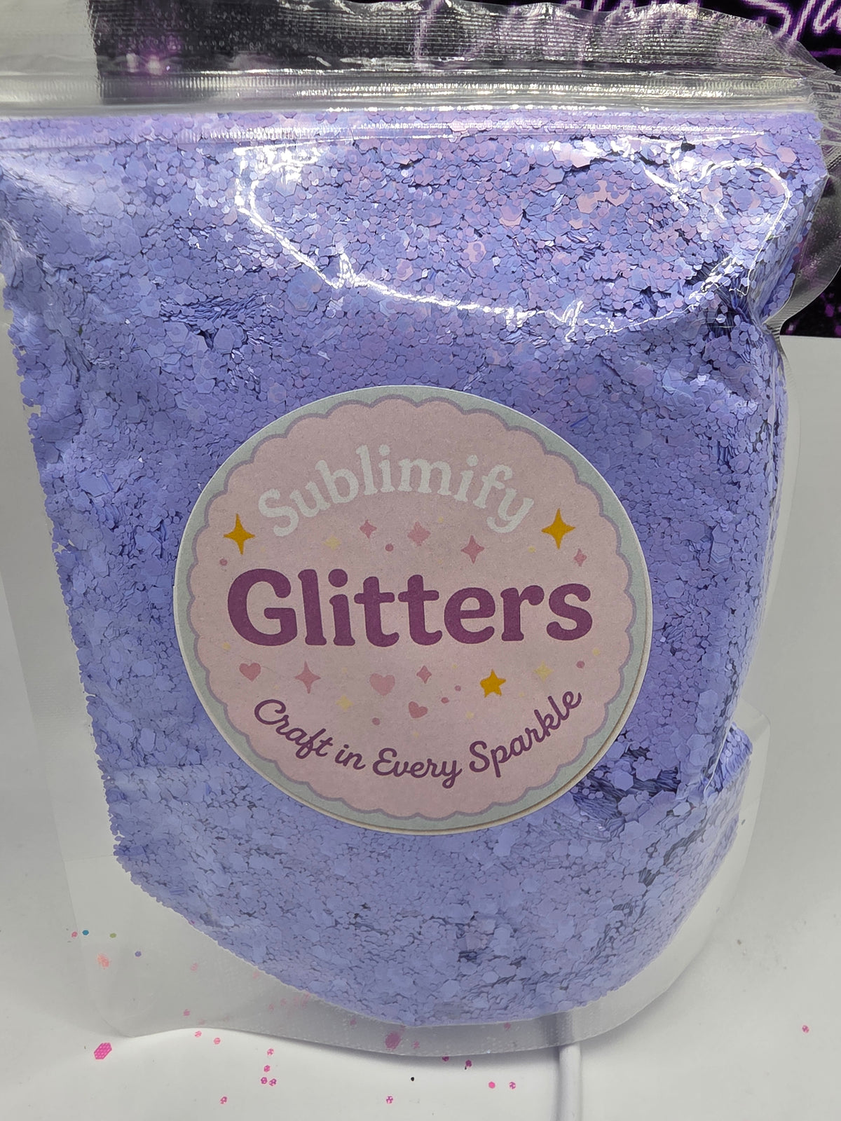 Lavender Haze purple glitter in a Sublimify Glitters resealable bag