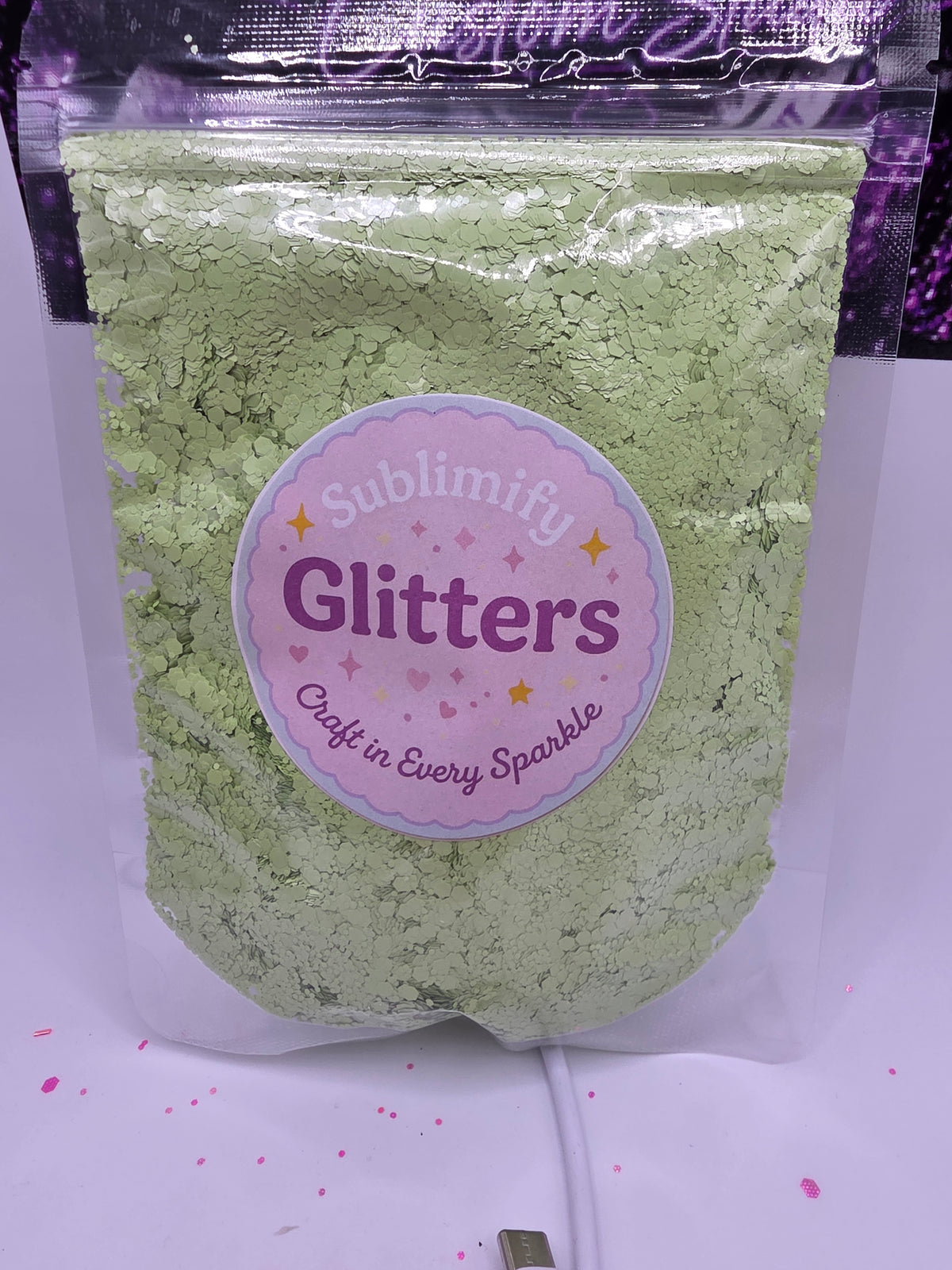 Pistachio Dream pale green glitter in a Sublimify Glitters resealable bag