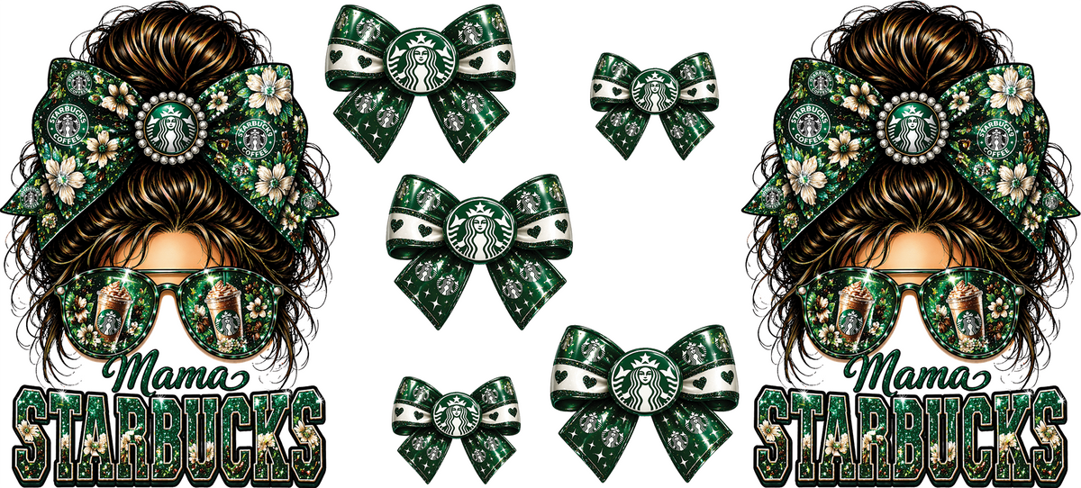 A digital graphic design sheet featuring two large illustrated hair bows and matching bow accessories, styled on a woman's head with sunglasses and the text 'Mama Starbucks,' alongside several smaller matching bows. The bows and sunglasses are decorated with a green Starbucks pattern, floral motifs, and rhinestone details.
